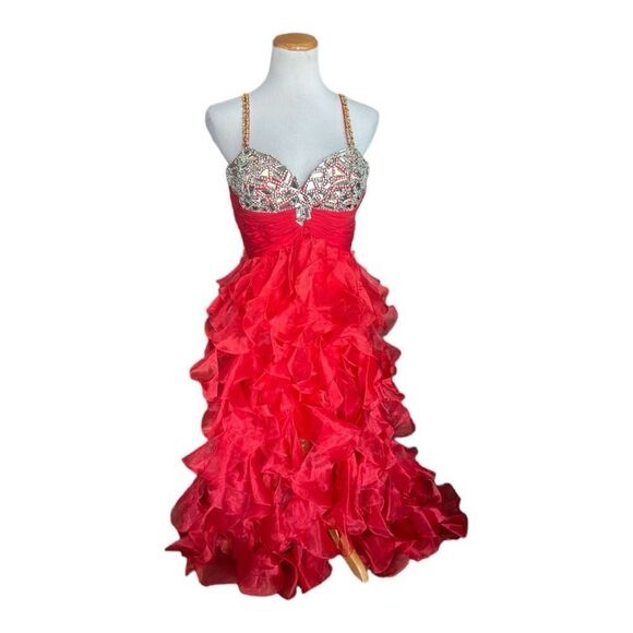 Womens Sherri Hill 2838 Red Organza Ornate Prom Holiday Ball Gown Dress - Size 8 - Picture 3 of 7
